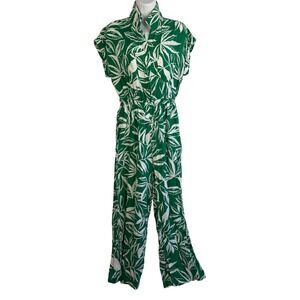 Green White Palm Leaf Print Jumpsuit Button Front Medium Resortwear Vacation